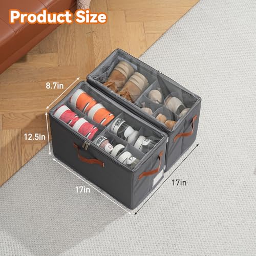 Shoe Organizer for Closet, Fits 32 Pairs, Gray, 4 Pack | Space Saving, Adjustable Dividers, Clear Cover, Reinforced Handles, Stackable & Foldable Farbic Shoe Storage Organizer Box