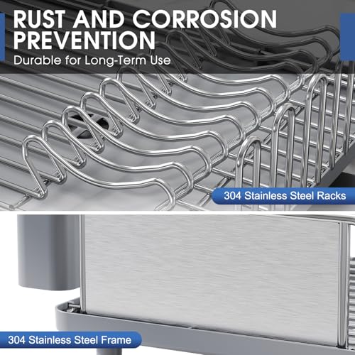 Urackify Stainless Steel Dish Drying Rack for Kitchen Counter, 16.9" x12.4" | Rustproof dish rack with utensil holder, 16.9" L x 12.4" W Large Capacity, Dish Drainer for Plates Dishes Sliverware, Grey