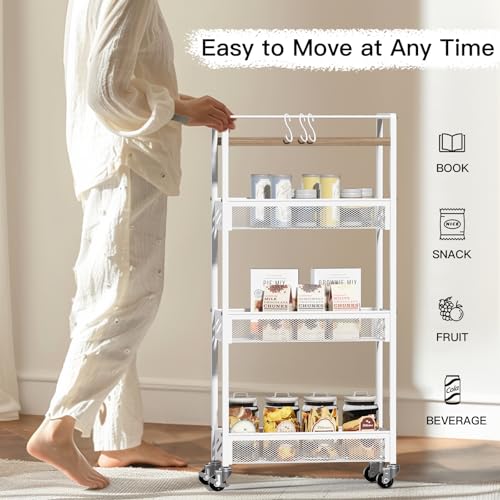 DGSNADGO Slim Rolling Storage Cart, 4-Tier Narrow Kitchen Cart with Wheels | Metal Mobile Snack Shelving, Skinny Rolling Spice Rack for Small Space in Kitchen, Living Room, Bathroom, Beige and White