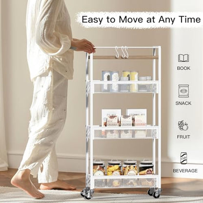 DGSNADGO Slim Rolling Storage Cart, 4-Tier Narrow Kitchen Cart with Wheels | Metal Mobile Snack Shelving, Skinny Rolling Spice Rack for Small Space in Kitchen, Living Room, Bathroom, Beige and White
