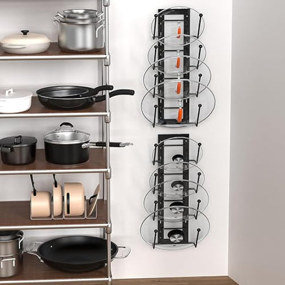 8 Layers of Adjustable Pot Lid Organizer Rack for Cabinet Door/Wall，2Pack Lid Organizer Pots and Pans Holder for Kitchen Storage with No Drilling Adhesive 5.7 W“(Black)
