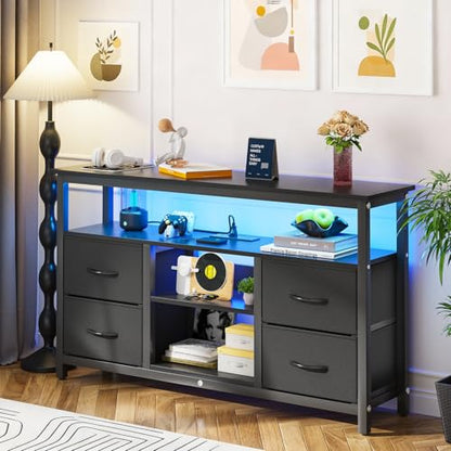 Haewon TV Stand with LED Lights and Power Outlets, for 55 inch TV, Black | Console Table with 4 Fabric Drawers, Open Shelf, 2 USB Ports, Sturdy Metal Frame with Wood Top, Modern Style for Living Room