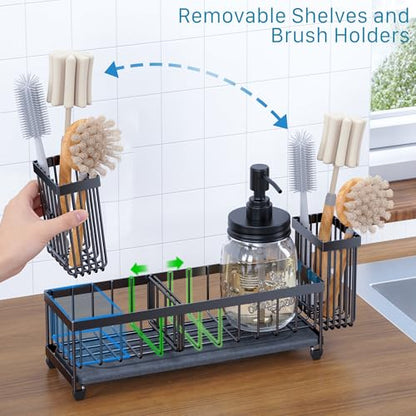 Galasily Mason Jar 16 oz Liquid Soap Dispensers Set with Large Kitchen Sink Caddy, Black Rustproof Stainless Steel Pump, Refill Hand Soap, Dish Soap, Vintage Farmhouse Decor for Bathroom, Kitchen