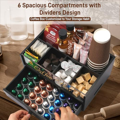 2-Tier Coffee Bar Organizer with Clear Acrylic Top, Built-in Drawer and Leather Handle Pull for Countertop, Stylish Coffee Station Storage Box for Accessories, Pods, Great Gifts for Home
