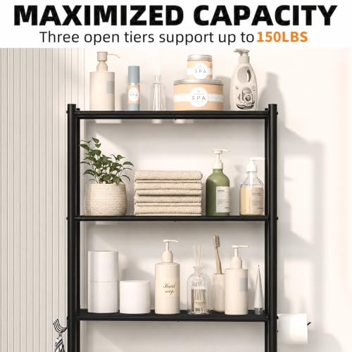 3-Tier Over Toilet Storage, Anti-Tilt, 64" H, Black | Anti-Tilt Safety System, 150lb Capacity, Carbon Steel, Freestanding, No Drilling, Anti-Rust Coating, Paper Holder & 4 Hooks