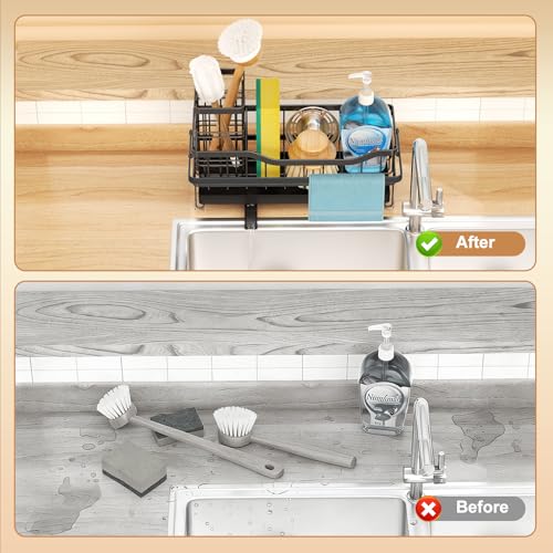 Sponge Holder for Kitchen Sink, Self-draining Sink Organizer with Towel Rack and Brush Holder, Metal Kitchen Sink Organizer for Countertop, Black