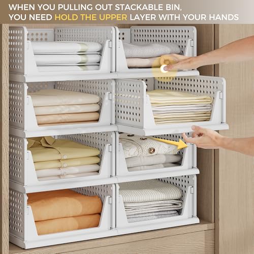 8 Pack Closet Organizer Storage Bins Stackable Plastic Drawer Shelf | Basket for Clothing Stackable Storage Bins Shelf Storage Container for Closet Wardrobe Bedroom Bathroom Office White Foldable