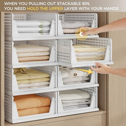 8 Pack Closet Organizer Storage Bins Stackable Plastic Drawer Shelf | Basket for Clothing Stackable Storage Bins Shelf Storage Container for Closet Wardrobe Bedroom Bathroom Office White Foldable