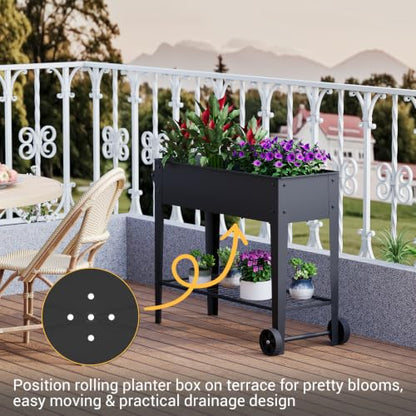 Mobile Raised Garden Bed with Legs and Wheels Metal Elevated Planter Box | 31.9" Tall with Handles Lower Storage Shelf & 5 Drain Holes for Vegetables Herbs Flowers,Garden Patio Balcony Backyard Garage