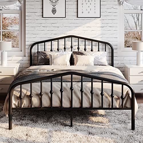 SHA CERLIN Queen Metal Bed Frame with Wrought Iron-Art Headboard, Black