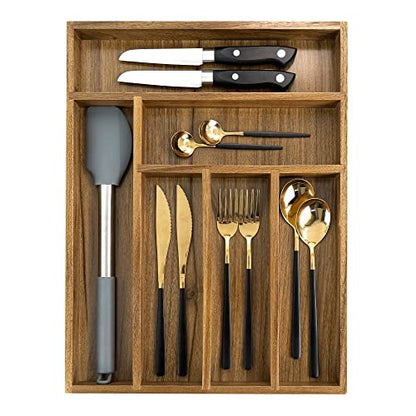 Luxury Acacia Kitchen Drawer Organizer - Silverware Organizer - Utensil Holder and Cutlery Tray with Grooved Drawer Dividers for Flatware and Kitchen Utensils (6 Slot)