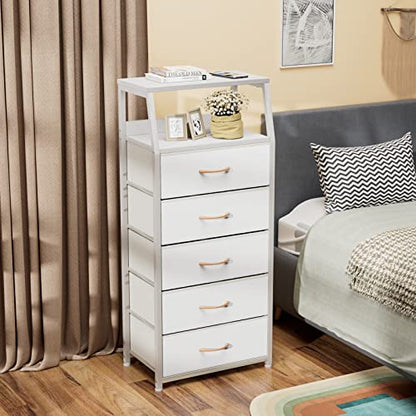 White Tall Dresser for Bedroom, 5 Fabric Bins Tall Nightstand | Dorm Dresser, Vertical Storage for Closet, Chest of Drawer for Entryway, Nightstand Bedside Table, Metal Frame,Wood Top