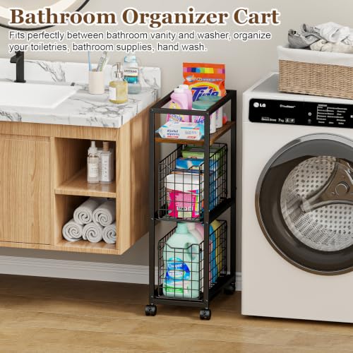 Hongtamoya 3 Tier Laundry Room Cart with Pull-Out Baskets, Utility Slim Storage Cart with Wheels Small Rolling Cart with Wood Top Metal Narrow Bathroom Laundry Room Organization Trolley, Black