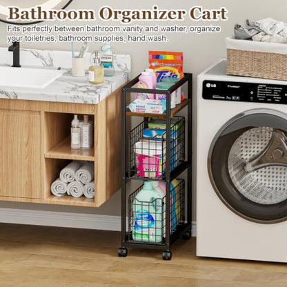 Hongtamoya 3 Tier Laundry Room Cart with Pull-Out Baskets, Utility Slim Storage Cart with Wheels Small Rolling Cart with Wood Top Metal Narrow Bathroom Laundry Room Organization Trolley, Black