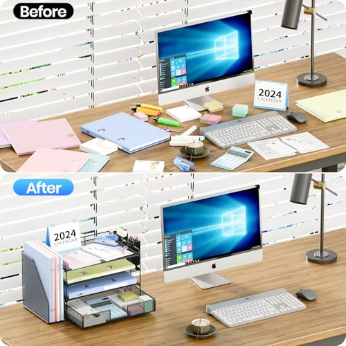 Desk Organizer, 4-Tier Desktop File Organizer with Drawer and Pen Holders, Office Desk Accessories, File Sorters, Workspace Organizers for Office Supplies(Black)