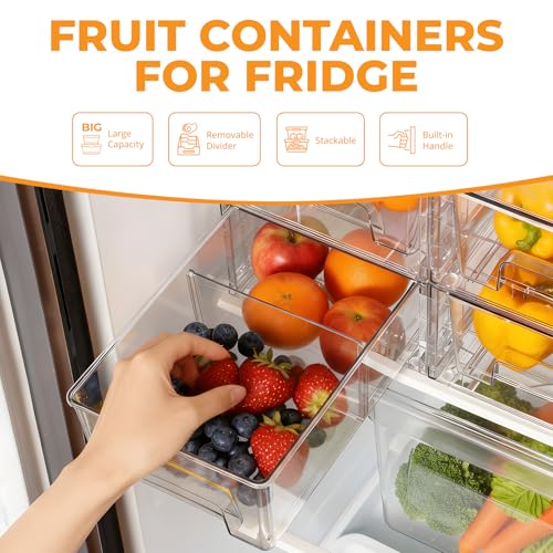 2 Pack Stackable Storage Drawers,Plastic Organizers Bins, Drawers Storage with Handles and Movable Dividers for Organization and Storage in Fridge,Bathroom, Pantry, Kitchen Cabinets, Under Sink
