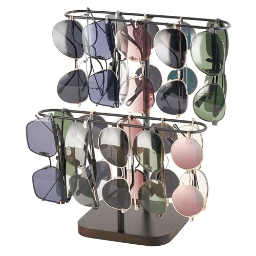Mkono Sunglass Holder, Metal 2 Tier Glasses Rack Organizer Stand Storage | Space-Saving, Display 24 Eyewear Pairs, Sturdy Build, Wood Base, All Eyewear Types, Table, Desk, Countertop, Dresser, Bedroom