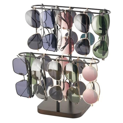 Mkono Sunglass Holder, Metal 2 Tier Glasses Rack Organizer Stand Storage | Space-Saving, Display 24 Eyewear Pairs, Sturdy Build, Wood Base, All Eyewear Types, Table, Desk, Countertop, Dresser, Bedroom