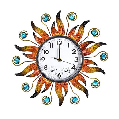 Sun Outdoor Clock with Thermometer and Hygrometer Combo, 13 Inch | Silent No-Ticking, Easy to Read, Quartz Clock Waterproof, Decor for Patio, Living Room, Kitchen, Orange