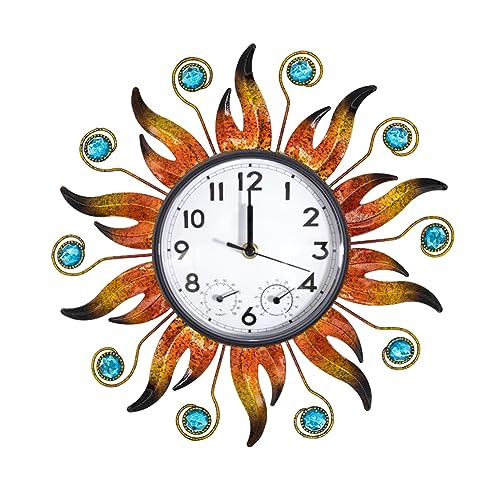 Sun Outdoor Clock with Thermometer and Hygrometer Combo, 13 Inch | Silent No-Ticking, Easy to Read, Quartz Clock Waterproof, Decor for Patio, Living Room, Kitchen, Orange