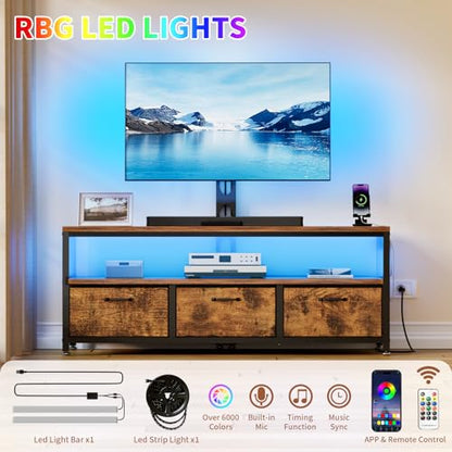 TV Stand with Mount, Entertainment Center for 55 60 65 inch, Brown | TV Console with Drawers & Led Lights, AC Outlets & USB Ports, For Living Room, Bedroom, Height Adjustable, Swivel TV Cabinet