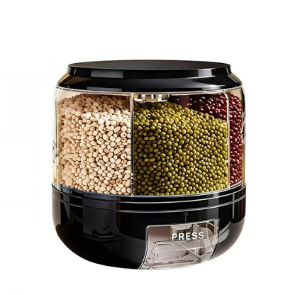 Rotating Grain Storage Bin 6 Grids Rice Container One-Click Output Large Capacity Food Dispenser For Rice Grains Sealed Moisture Proof Organizer (Black)