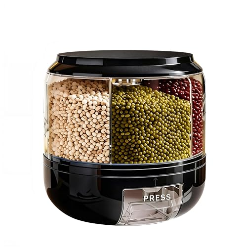 Rotating Grain Storage Bin 6 Grids Rice Container One-Click Output Large Capacity Food Dispenser For Rice Grains Sealed Moisture Proof Organizer (Black)