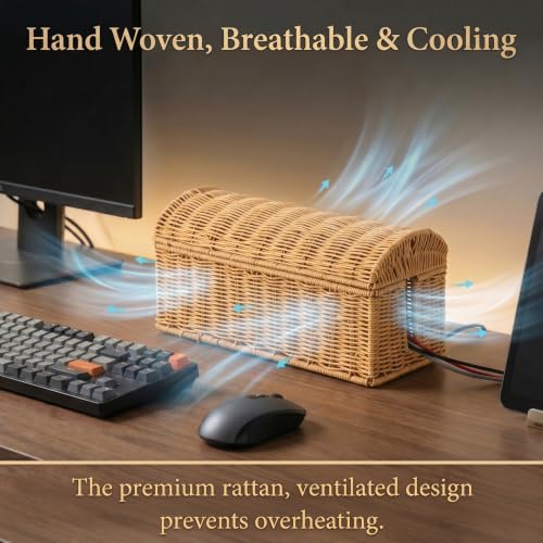 Large Rattan Cable Management Box, Decorative WiFi Router & Modem Hider | Ventilated, Waterproof, Easy Clean, No Assembly, Decorative Cable Organizer