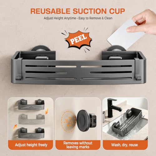 Lekesky Suction Cup Shower Caddy, No Drill Shower Shelf, Aluminum Rust Proof Bathroom Shower Organizer with 12 Hooks (2-Pack, Gunmetal Gray)