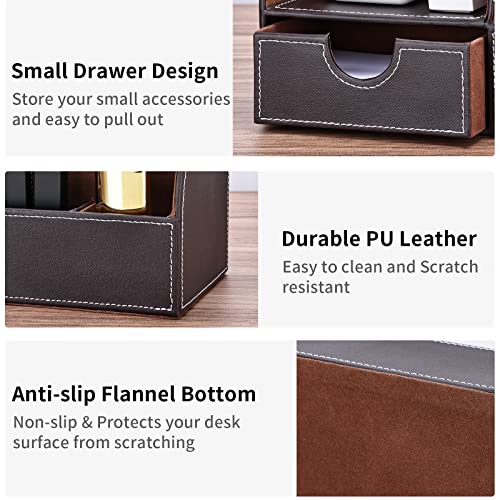 Pu Leather Desk Organizer Pen Pencil Holder Office Supplies Caddy Storage Box 6 Compartments with Drawer Brown