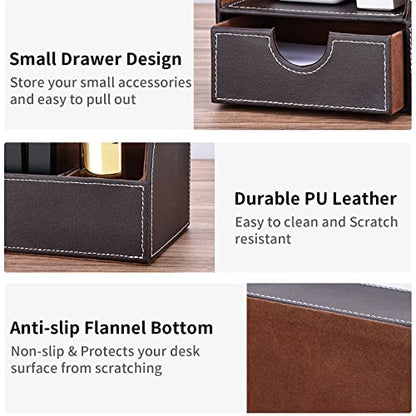 Pu Leather Desk Organizer Pen Pencil Holder Office Supplies Caddy Storage Box 6 Compartments with Drawer Brown