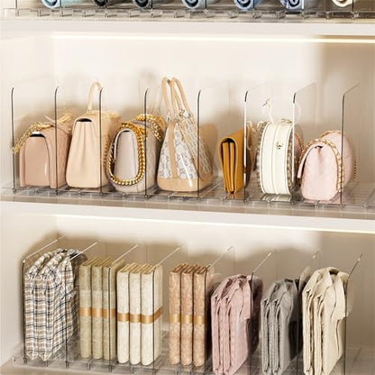 JOYZAN Stackable Purse Organizer for Closet, Adjustable Shelf Dividers for Closet Organizer Clear Acrylic Closet Purse Organizer Detachable Handbag Storage Separator Dividers for Home, Office - 4 Pack