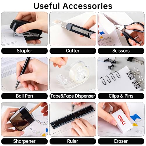 deli Office Supplies Set, Desk Accessory Organizer Kit, Black | Stationary Set, Desk Supplies with Rotating Multi-Functional Pen Holder &Stapler Set for Office, School, Home