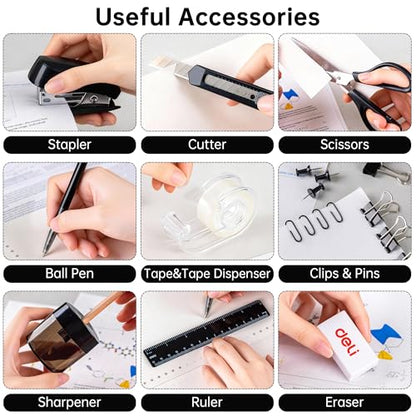 deli Office Supplies Set, Desk Accessory Organizer Kit, Black | Stationary Set, Desk Supplies with Rotating Multi-Functional Pen Holder &Stapler Set for Office, School, Home