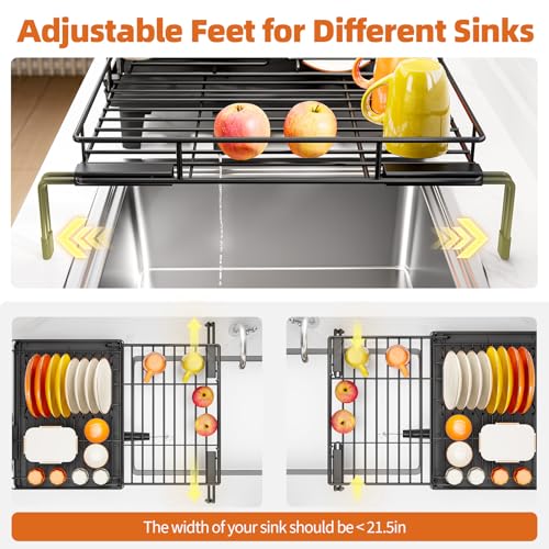 Urackify Expandable Sink Dish Drying Rack for Kitchen Counter, 1-Tier Black | Large Dish Racks, Sink Dish Drainer, Rustproof Dish Strainer with Utensil Holder, 12.3"-20.5" L x 15"W