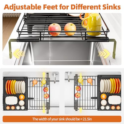 Urackify Expandable Sink Dish Drying Rack for Kitchen Counter, 1-Tier Black | Large Dish Racks, Sink Dish Drainer, Rustproof Dish Strainer with Utensil Holder, 12.3"-20.5" L x 15"W
