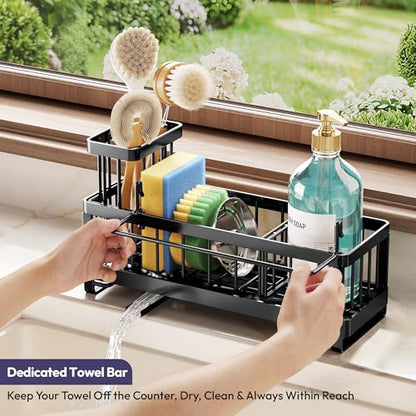 Sponge Holder for Kitchen Sink - Sink Caddy with Brush Holder Self-draining Sponge Caddy Organizer with Divider Stainless Steel Kitchen Accessories Storage for Countertop, Black