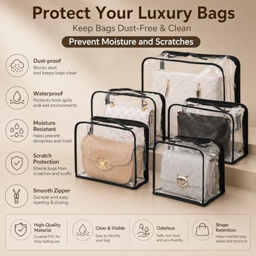 5 Pack Clear Dust Bags for Handbags,5 Sizes Purse Storage Organizer | Purse Protector Storage Bag with Zipper and Handle for closet, Hanging Dust Cover Bag for Handbag
