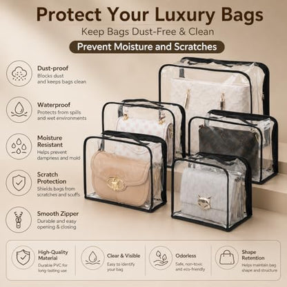 5 Pack Clear Dust Bags for Handbags,5 Sizes Purse Storage Organizer | Purse Protector Storage Bag with Zipper and Handle for closet, Hanging Dust Cover Bag for Handbag