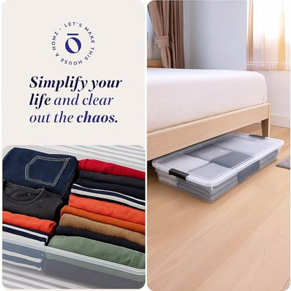 HOMZ Under Bed Clear Plastic Storage Bin w/Lid, 60 Qt, Gray Latch, 2 Pack | Stackable Underbed Container Set for Shoes, Bags, Clothes, and Towel Organization