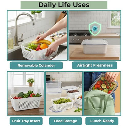 5 Pack Large Fruit Storage Containers for Fridge with Removable Colander | Plastic Food Storage Containers with Lids Airtight-Leak Proof Refrigerator Organizers and Storage of Vegetable
