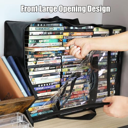 DVD Storage Bags 2 Pack, Clear Media Organizer Holds 140 DVDs&& Blu ray && Video Game, Plastic Holder with Reinforced Handles for Quilt, Pillow & Clothing