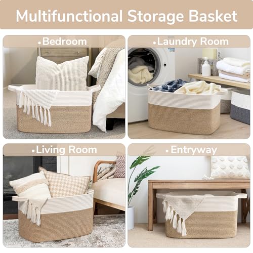 Goodpick Large Woven Rope Blanket Basket, Rectangle, White & Light Brown | 21.6" × 14.9" × 11.8" Storage Basket for Pillows & Toys Laundry, Nursery & Living Room Organization, Reinforced Handles