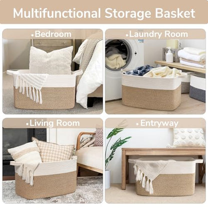 Goodpick Large Woven Rope Blanket Basket, Rectangle, White & Light Brown | 21.6" × 14.9" × 11.8" Storage Basket for Pillows & Toys Laundry, Nursery & Living Room Organization, Reinforced Handles