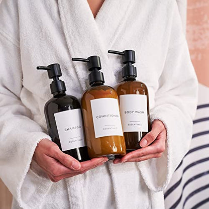 Stylish Shampoo and Conditioner Dispenser Set of 3 - Modern 21oz Shower Soap PET Bottles with Pump and Labels - Easy to Refill Body Wash Dispensers for an Instant Bathroom Decor Upgrade