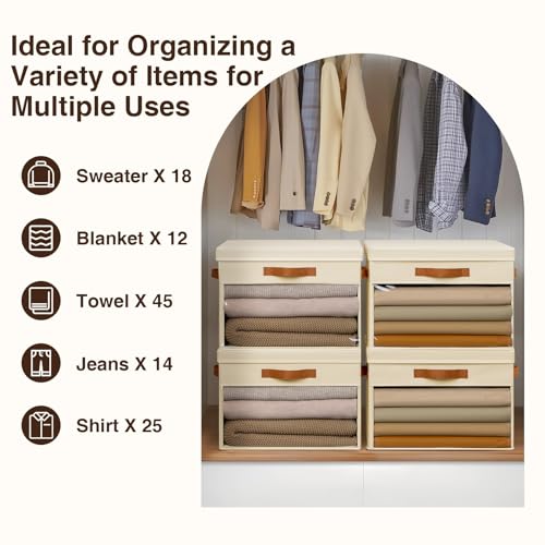 Large Storage Bins with Lids - 4 Pack Foldable Decorative Organizers with Clear Windows & Handles, Cube Storage Organizers for Clothes, Blankets, Sweaters, Sheets, Beige