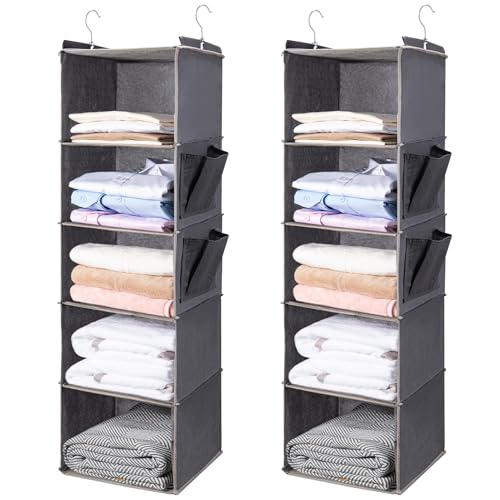 BOOMIBOO Hanging Closet Organize and Shelves,5-Hanging Shelf（2 Pack,Grey） | Dorm Room Essentials, Clothes Organizer with 2 Side Pockets, Hanging Shelves for Closet Storage, Breathable Fabric