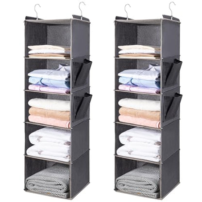 BOOMIBOO Hanging Closet Organize and Shelves,5-Hanging Shelf（2 Pack,Grey） | Dorm Room Essentials, Clothes Organizer with 2 Side Pockets, Hanging Shelves for Closet Storage, Breathable Fabric