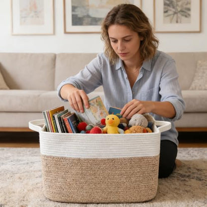 65L Laundry Basket with Handles, Woven Blanket Basket, White/Brown | 21"×16"×12" Collapsible Cotton Rope Storage Basket for Toys Clothes & Pillows, Nursery, Bathroom, Bedroom, Living Room