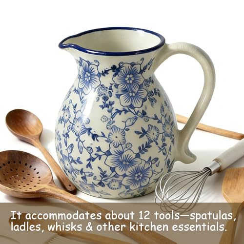 6.1" Blue & White Ceramic Farmhouse Utensil Holder for Kitchen Counter | Blue & white floral ceramic utensil holder with handle; stain-proof glaze; doubles as vase; rustic vintage kitchen decor